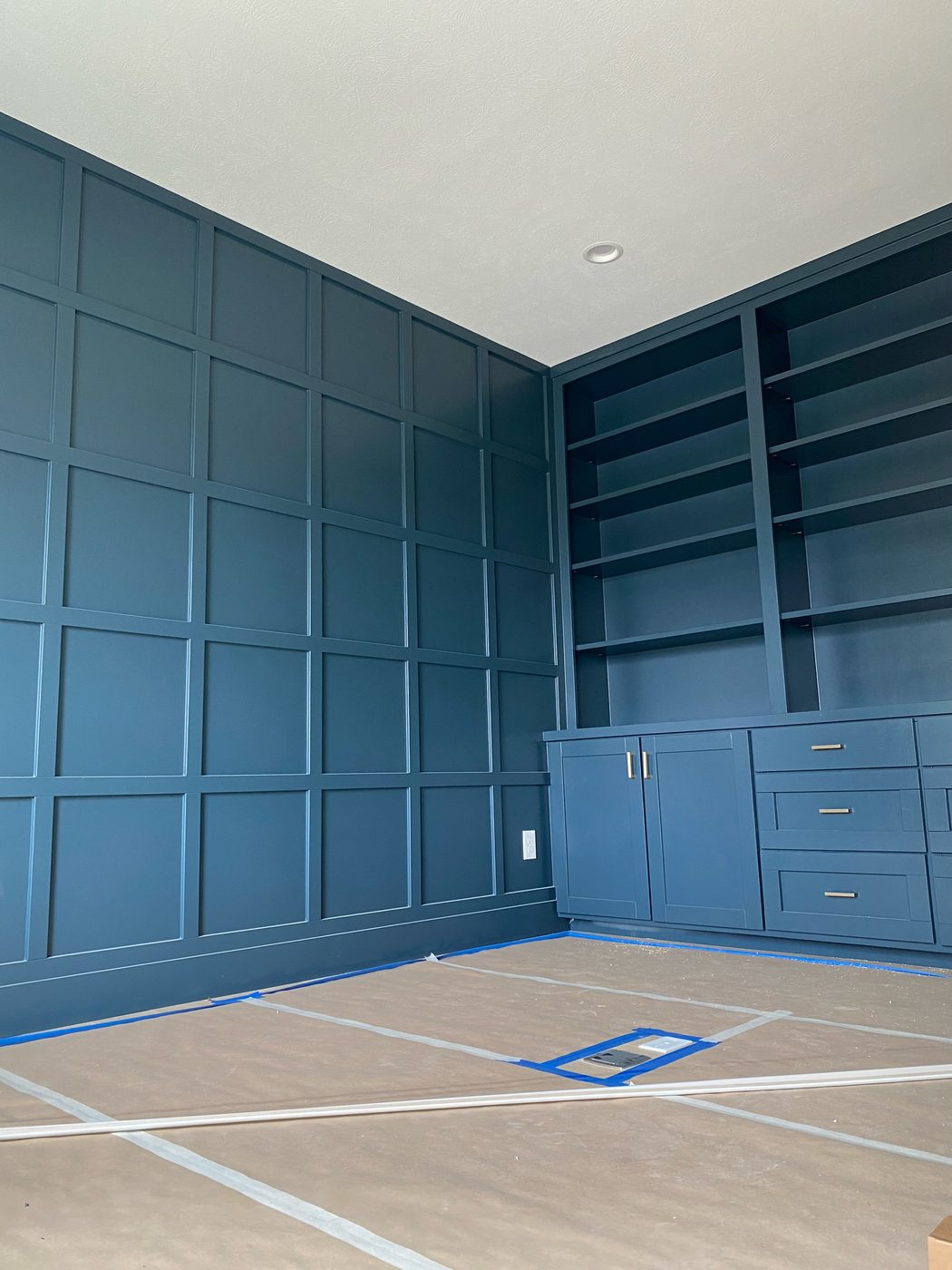 Blue built-in library wall with shelving and storage